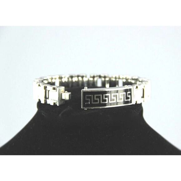 Stainless Steel Bicycle Chain MENS BRACELET Black Onyx Silver Inlay Greek Key - Picture 3 of 10